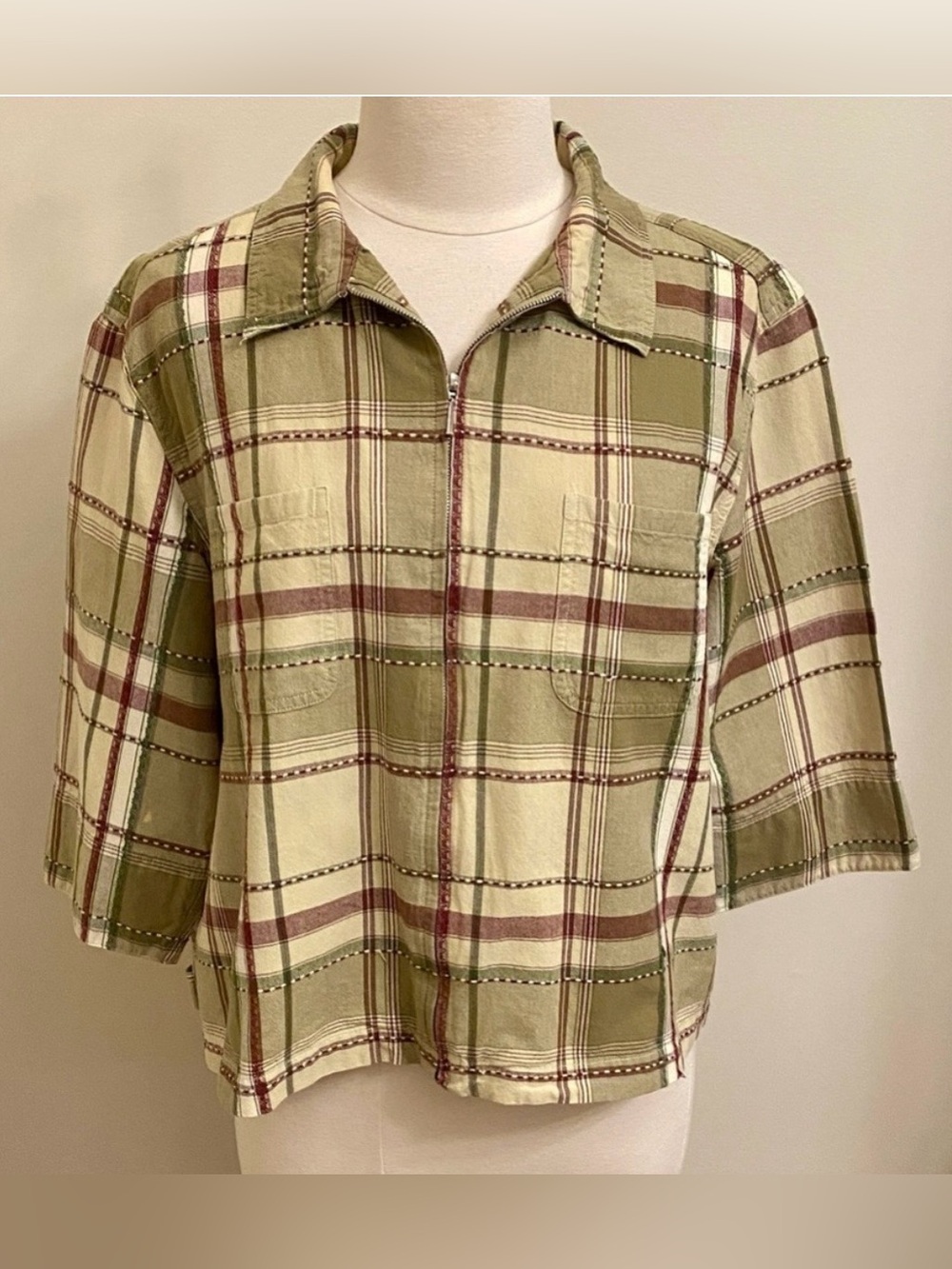 Lemon Grass Studio Maroon Green Plaid SZ XL Preppy Classic Retro Office Chic Top